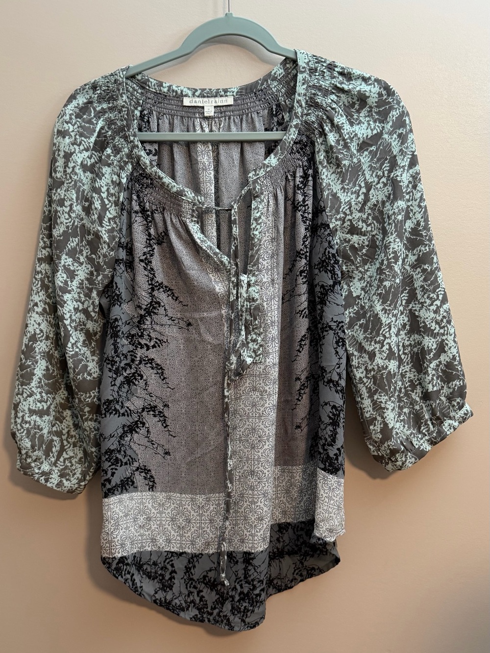 Daniel Rainn Mint Green and Black Printed Peasant Blouse